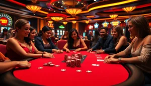 No hu-themed casino action with poker table, chips, and vibrant slot machines.