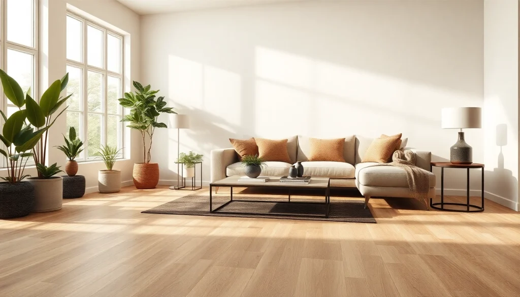 Carrelage imitation parquet dans un salon élégant, baigné par la lumière naturelle.