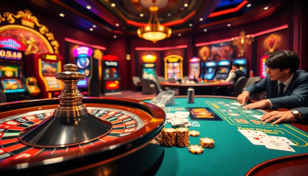 Experience vibrant casino action with giaimanhacai.news featuring roulette wheels and engaged players.