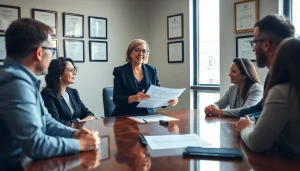 Real estate lawyer consulting with clients in a modern office setting, exuding professionalism.