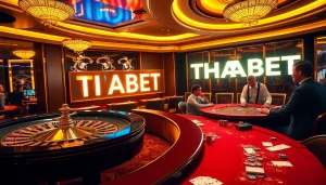 THABET casino scene showcasing players at poker and roulette tables, exuding luxury and excitement.