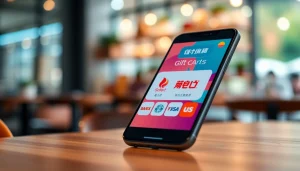 다채로운 상품권카드가 스마트폰 화면에 표시되고 아늑한 배경 속에서 인기 브랜드를 선보입니다.