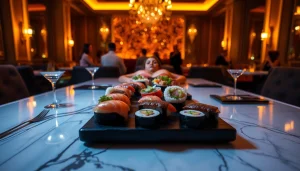 Body sushi experience at Club Noir, showcasing sushi artfully arranged on a model, in a chic atmosphere.
