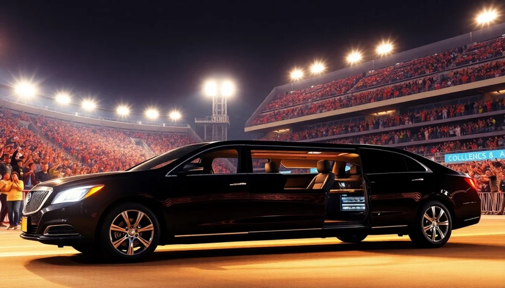 World Cup Group Transportation in a luxurious limousine at a vibrant LA stadium, showcasing elegance and excitement.