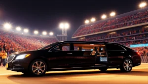 World Cup Group Transportation in a luxurious limousine at a vibrant LA stadium, showcasing elegance and excitement.