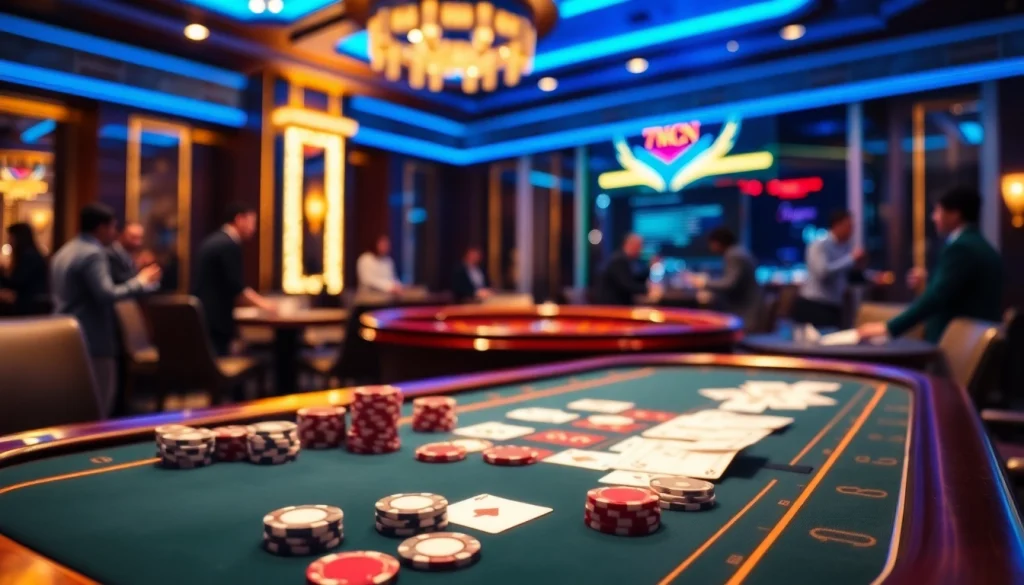 Experience thrilling betting action at 7mcn with professional poker tables and vibrant gambling atmosphere.