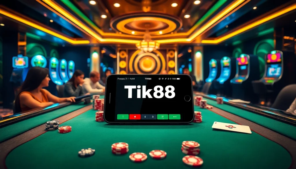 Người chơi đang tận hưởng một trò chơi đầy kịch tính trên ứng dụng Tik88 trong một casino sang trọng.