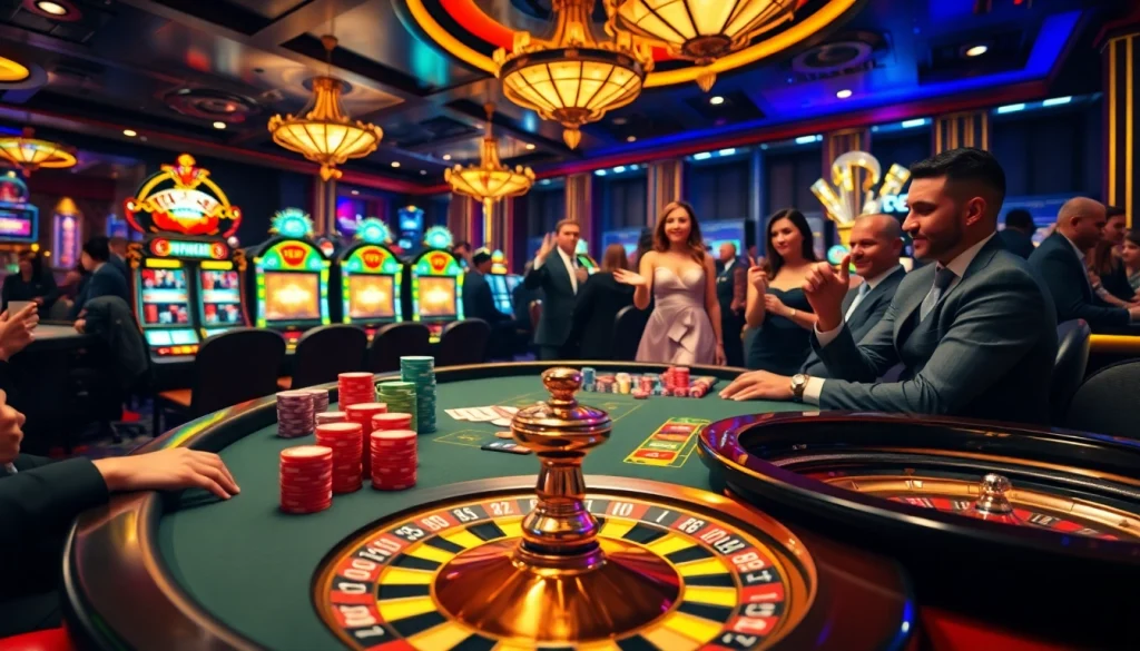 The excitement at THABET VEGAS as gamblers play poker and spin slots in a vibrant casino atmosphere.