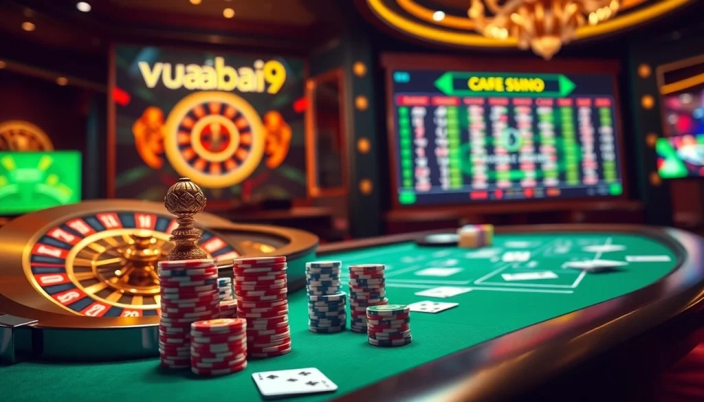 Vibrant vuabai9 online gambling experience with modern casino elements, cards, and poker chips.