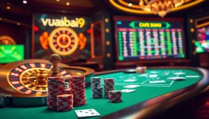 Vibrant vuabai9 online gambling experience with modern casino elements, cards, and poker chips.