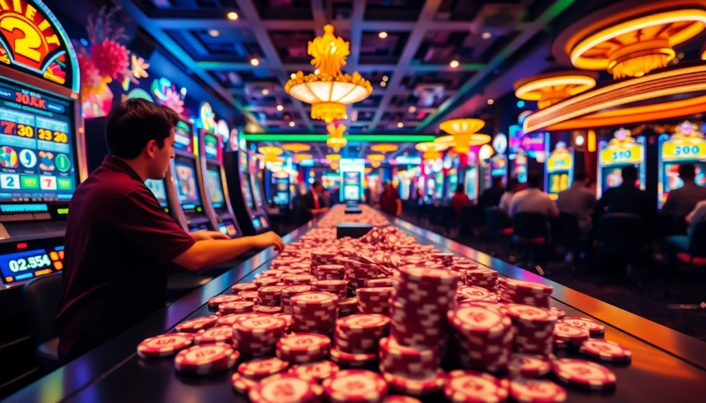 Permainan slot bet 50 perak dengan chip menarik di meja kasino yang sibuk.