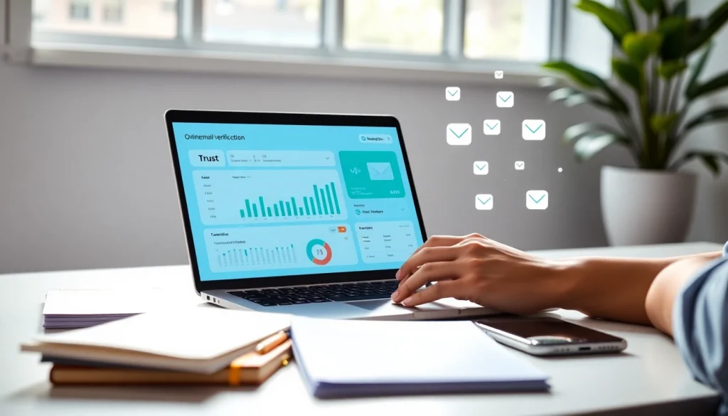 Online email verification dashboard in a modern workspace with productivity elements.