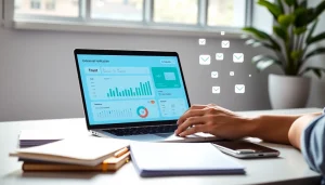 Online email verification dashboard in a modern workspace with productivity elements.