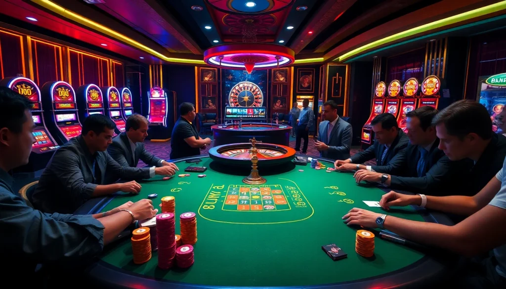 Engage with birutoto gaming excitement at a luxurious casino poker table filled with players and chips.