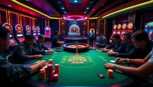 Engage with birutoto gaming excitement at a luxurious casino poker table filled with players and chips.