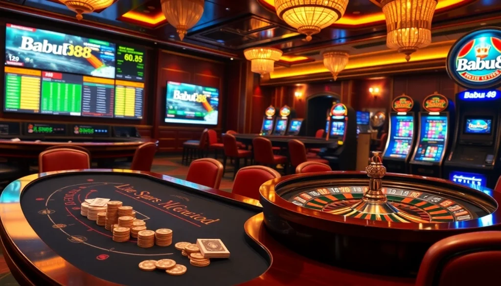 Engage in thrilling casino games at Babu88 with vibrant tables and slot machines.