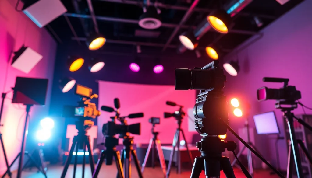 Filmmakers collaborating in a Creative Video Production Agency studio with vibrant lighting.