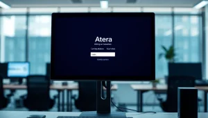 Atera login page displayed on a computer screen in a modern office environment, showcasing user-friendly access.