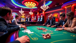 Experience the thrill of Game THABET at this luxurious casino setup with engaging players and vibrant gaming elements.