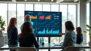 Analyze competitive intelligence insights with a diverse team in a bright office.