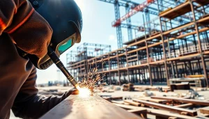 Welder performing structural steel welding with sparks flying at a construction site