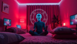 Engaging ai sexting scene featuring a user interacting with a holographic AI character in a cozy digital space.