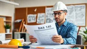 Reviewing the DAS 140 form in a professional contractor's office environment.