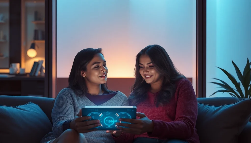 Engaging couple interacting with AI technology, highlighting ai sex themes in a modern setting.