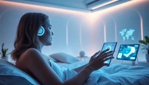 Emotional connection through ai sex in a modern bedroom with advanced technology.