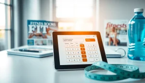 Calculate your macro calculator metrics on a sleek digital device amidst fitness tools.