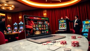 Marvelbet online casino interface showcased on a marble table with poker chips and cards.