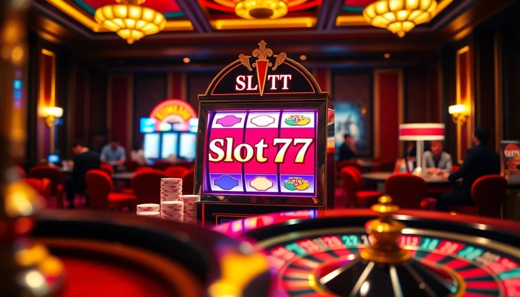 Experience the thrill of Slot777 with this captivating casino scene featuring slot machines and vibrant poker chips.