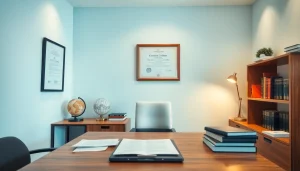 Sworn translator (traduttore giurato) workspace featuring documents and bilingual dictionaries, conveying professionalism.