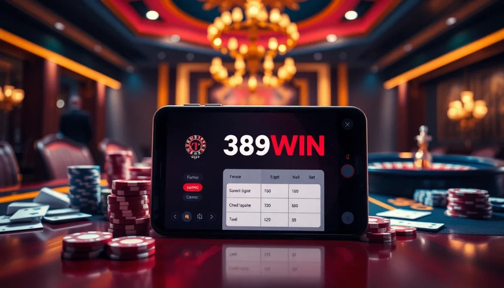 Exciting gameplay with the 389WIN App showcased on a luxurious casino table filled with chips and cards.