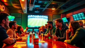 Saskatchewan sports betting scene capturing excitement in a lively sports bar atmosphere.