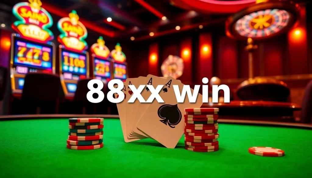 Experience an exhilarating gaming atmosphere focused on 88xx win with vibrant poker tables and slot machines.