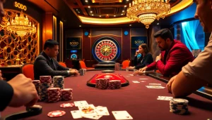 Players engaging in a thrilling game at SODO Casino’s luxurious poker table filled with chips and cards.