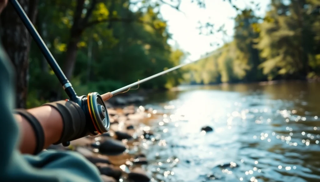 Angler skillfully casting a fly fishing line at a tranquil river scene.