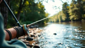 Angler skillfully casting a fly fishing line at a tranquil river scene.