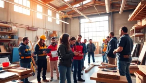 Engaged trainees at construction trade schools in Texas practicing hands-on skills in a vibrant workshop