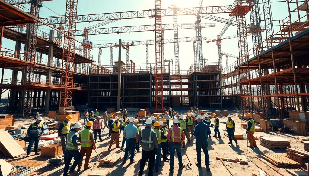 Showcasing teamwork in the construction association north carolina with site activity and bright lighting.