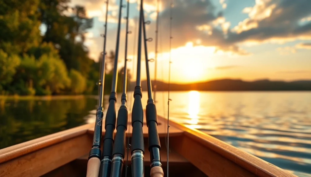 Showcase of the best fly fishing rods positioned beautifully by a serene lake at sunset.