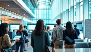 Citizens consulting IPVA GO information in a modern government office setting.