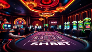 Players engaging at a SHBET casino table, surrounded by vibrant gaming elements.