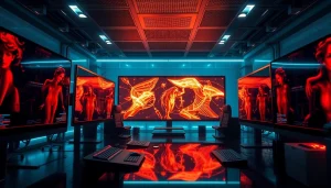 AI NSFW content creation workspace with modern tech and digital art.