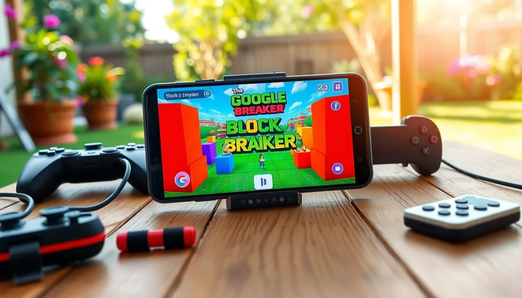 Engaging gameplay of google block breaker displayed on a smartphone in an outdoor setting.