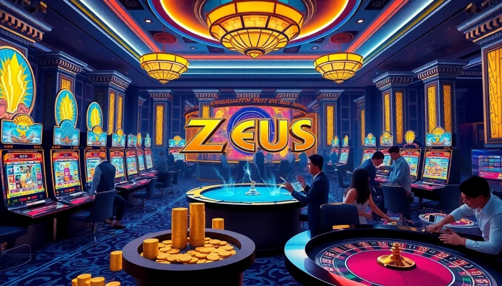 Para pemain memutar mesin slot Zeus dalam suasana kasino yang hidup penuh dengan kegembiraan.