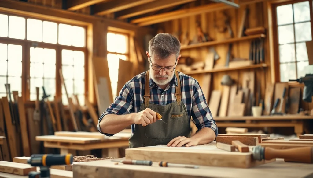 Carpentry Apprenticeship Near Me: Carpenter expertly crafting wood in a bright workshop.