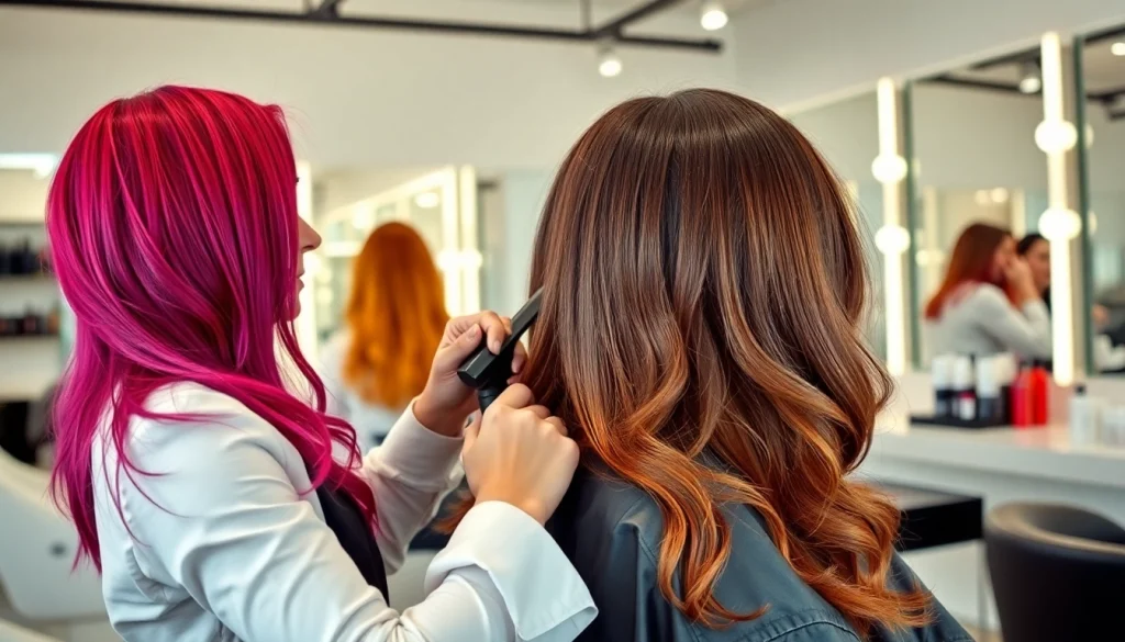 A stylish hairstylist in a salon de coafura expertly cutting hair, showcasing vibrant colors and a welcoming atmosphere.
