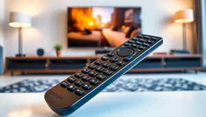 Die samsung q60r fernbedienung liegt elegant in einem modernen Wohnzimmer mit einem TV im Hintergrund.